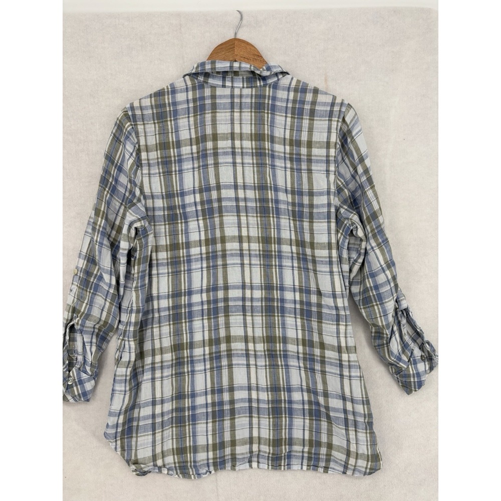 J Jill Love Linen Button Up Plaid Popover Tunic Shirt L 💯 Linen Roll Tab Sleeve - Picture 12 of 14